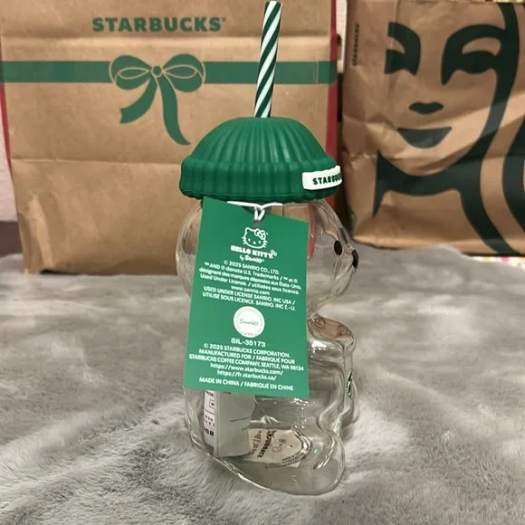 Starbucks Clear Bear Tumbler with Green Hat Lid - Picture 2 of 8